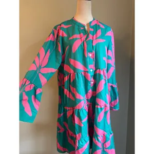 Teal Hot Pink Tropical Leaf Tiered Babydoll Dress Bell Sleeve resort beach xxl thumbnail 2