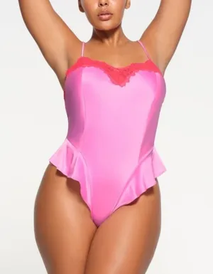 NWT SKIMS Woven Shine Lace Teddy Neon Orchid Pink Red M thumbnail 1