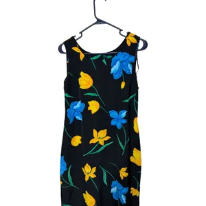 M.H.M. Melissa Harper Vintage Floral Tulip Midi‎ Dress Black Blue Yellow Size 6 thumbnail 2