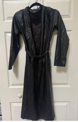 Apperloth Black Faux Leather Belted Long Trench Coat S thumbnail 2