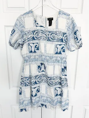 Wrangler Retro Paisley Bandana Print Scallop Hem Mini Dress Blue White thumbnail 1