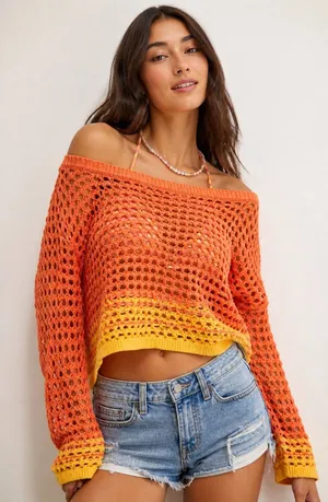 Aerie Crochet Sweater Boho Festival Beach Mesh‎ Orange Yellow Size Medium thumbnail 1