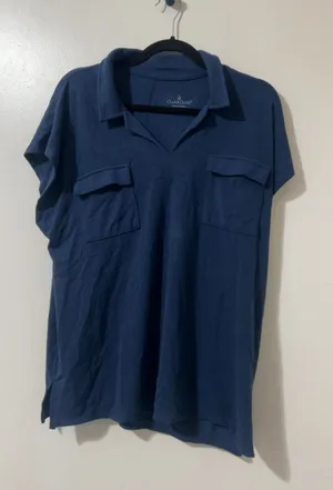 Cuddl Duds Women's Navy V-Neck Short Sleeve Pocket Top Large thumbnail 1