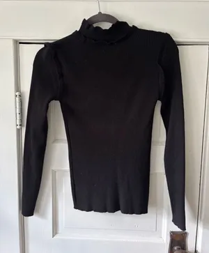 Pink Lily Black Ribbed Ruffled Mock Neck Sweater thumbnail 1