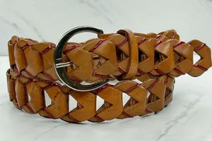 Brown Woven Leather Belt Red Laced Accents Silver Buckle Small/Medium (S/M) ✨ thumbnail 1
