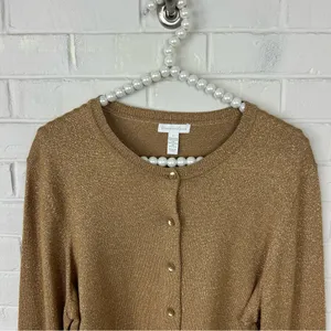 Charter Club Gold Metallic Thread Knit Cardigan Sweater Size L thumbnail 3