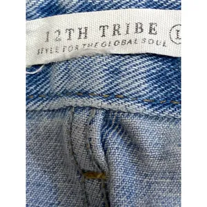 12th Tribe Women's Blue Distressed High Waist Baggy Wide Leg Denim Jeans Pants L thumbnail 3