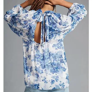 Maeve Anthropologie Blue White Floral‎ Sheer Tunic Blouse High Neck Tie Back L thumbnail 2