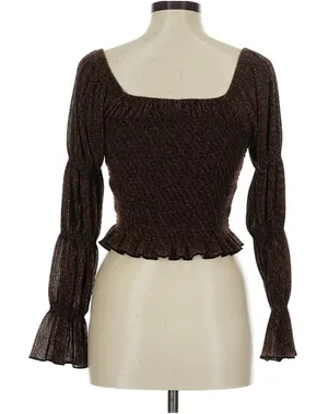 Metallic Brown Smocked Square Neck Bell Sleeve Crop Top Y2K Party Going Out Top thumbnail 1