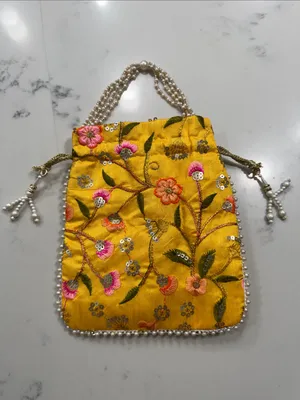 Yellow Floral Embroidered Indian potli Bag thumbnail 6