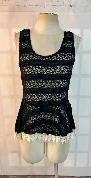 A’Reve Black Ivory Lace Crochet Trim Scoop Neck Peplum Tank Top Size Small thumbnail 1
