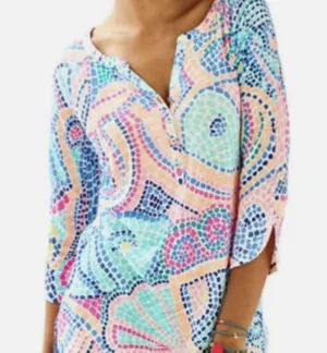 Lilly Pulitzer Womens Egret Tile Wave 100% Linen Henley Tunic Top thumbnail 1