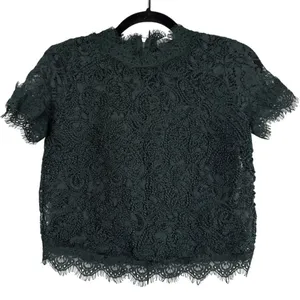 Zara Trafaluc Womens Green Lace Crop Top High Neck Back‎ Zip Short Sleeve Small thumbnail 1