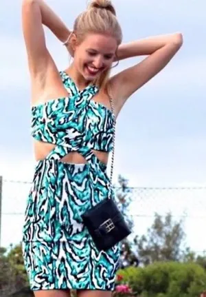 Zara Collection Teal Abstract Animal‎ Print Cutout Halter Mini Dress Small thumbnail 1