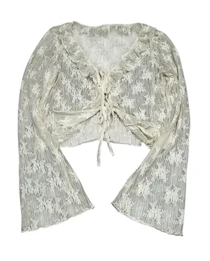 Women’s Ivory Lace Ruffle Blouse Flare Sleeve Tie Front Festival Feminine thumbnail 1