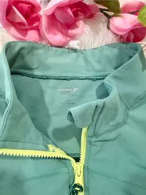 Old Navy PowerSoft Sleeveless Half Zip Crop Top L Green Colorblock Activewear thumbnail 2