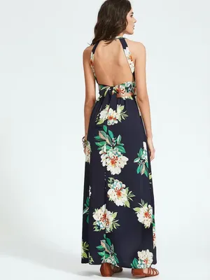 NLW high neck open back floral slit maxi dress thumbnail 2