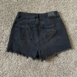 American Eagle Super Destroyed Black High Rise Mom Distressed Denim jean shorts thumbnail 2