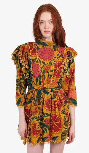 Farm Rio Mini Dress Yellow Floral Ruffle Pom Pom Trim Mock Neck Belted thumbnail 1