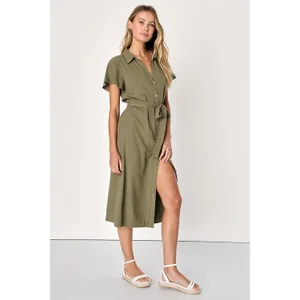NWT Lulus Italian Summer Olive Green Linen Button-Up Short Sleeve Dress Size M thumbnail 6