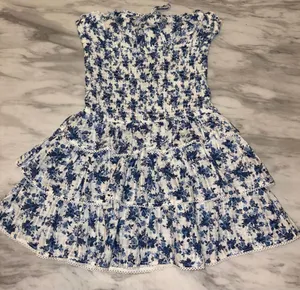 NWT Wild Fable Blue Floral Smocked Strapless Ruffled Mini Dress S thumbnail 1