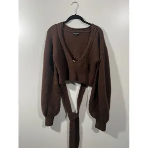 For Love & Lemons Cropped Amelia Sweater Chic Brown Knit with Back Tie Size XL thumbnail 5