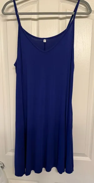 Royal Blue Spaghetti Strap Slip Dress XL | Flowy Rayon Tank Dress with Pockets thumbnail 1