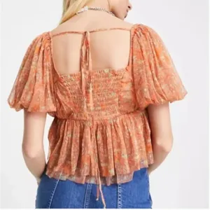 Free People‎ Penelope Printed Smocked Peplum Top Orange Size L thumbnail 2