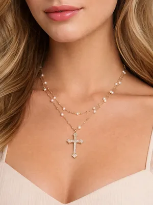 Guess Gold Pearl Layered Cross Necklace thumbnail 1