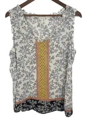 Garnet Hill Size 16 100% Silk Floral Tank Sleeveless Shirt White Yellow Feminine thumbnail 1