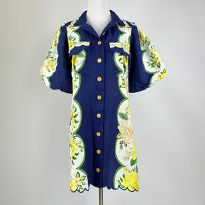 NWOT Farm Rio Linen Blend Blue Scalloped Floral Garden Mini Dress Size XXS/W38 thumbnail 2