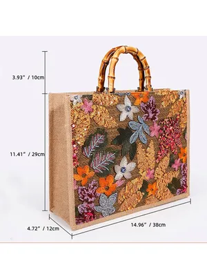 Embroidered Floral Tote Bag with Bamboo Handles - Beige thumbnail 2