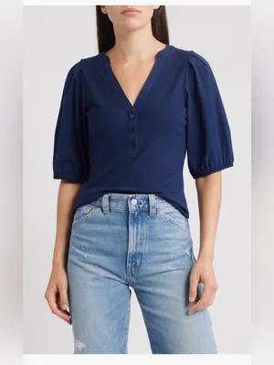 Madewell Puff Sleeve Henley Knit Top Blue Modal Blend Size XL NWT thumbnail 2
