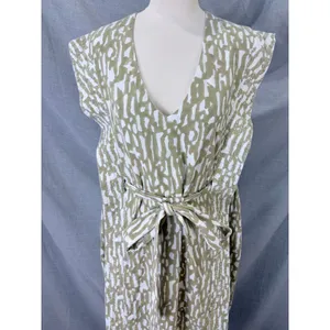 MIRTH‎ Olive Block Print Cotton Midi Dress Kantha Stitch Integrated Belt L thumbnail 7
