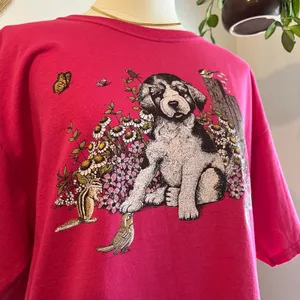 Jerzees Vintage 90s Pink Dog Garden Graphic Cotton Short Sleeve Tee Size Large thumbnail 6