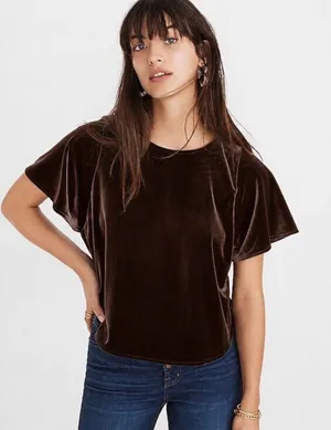 Madewell Size XS Velvet Butterfly Top Short Flutter Sleeve Brown Blouse Women's thumbnail 1