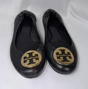 Tory Burch Reva Ballet Flats Women’s Size 7.5 Black Leather Gold Logo thumbnail 1