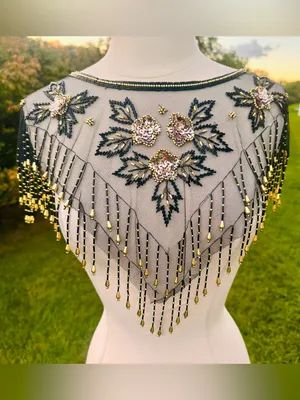 Fina Moda Vintage Beaded Black Mesh Caplet Collar Scarf with Fringe & Sequins thumbnail 5