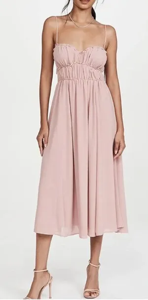 O.P.T. Gigi Ruffled Ruched Chiffon Tie Strap Cami Midi Dress size S Blush Pink thumbnail 1