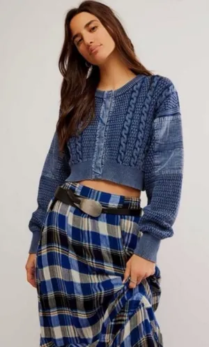 Free People Patchwork Chunky Cable Knit Heritage Cardi Cardigan Sweater Medium thumbnail 1