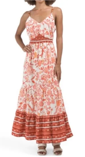 RACHEL ZOE Coral Linen Blend Tiered Maxi Sun Dress thumbnail 1