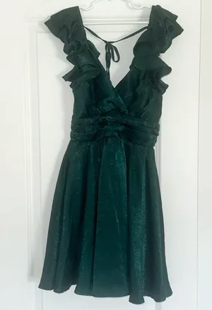 Altar’d State Small Tracey Green Satin Ruffle Sleeve Holiday Cocktail Dress thumbnail 2
