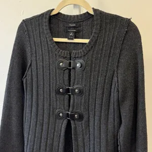 Y2K‎ Tahari Merino Wool Blend Ribbed Cardigan Sweater Gray Toggle Closure Medium thumbnail 3