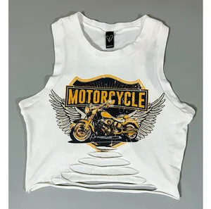 Windsor White Motorcycle Biker Graphic Shredded Tee T-Shirt Tank Crop Top Size M ⛓️ thumbnail 1