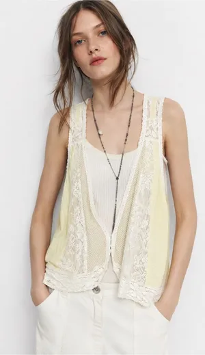 Free People Ivory Lace Vest Small Butter Yellow Boho Cottagecore Fairycore Y2K thumbnail 1