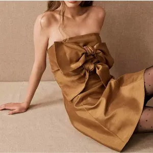NWT BHLDN Boskemper Ariel Bronze Bow Strapless Mini Dress M thumbnail 1