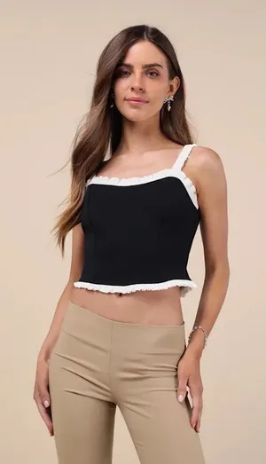 Lulu’s Coquette Charisma Black and White Ruffled Tie-Back Crop Top thumbnail 1