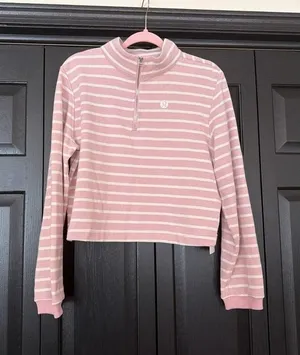 Lululemon Cotton French Terry Cropped Half Zip in the Yachtie Stripe Pink Haze L thumbnail 1