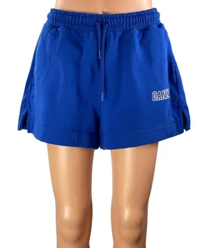 Ganni Women's Blue High Rise Drawstring Fleece Lounge Wide Sweat Shorts Size S thumbnail 1