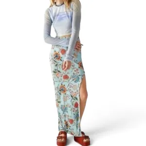 Free People Blue Floral High Slit Stretchy Maxi Skirt Size Small thumbnail 3